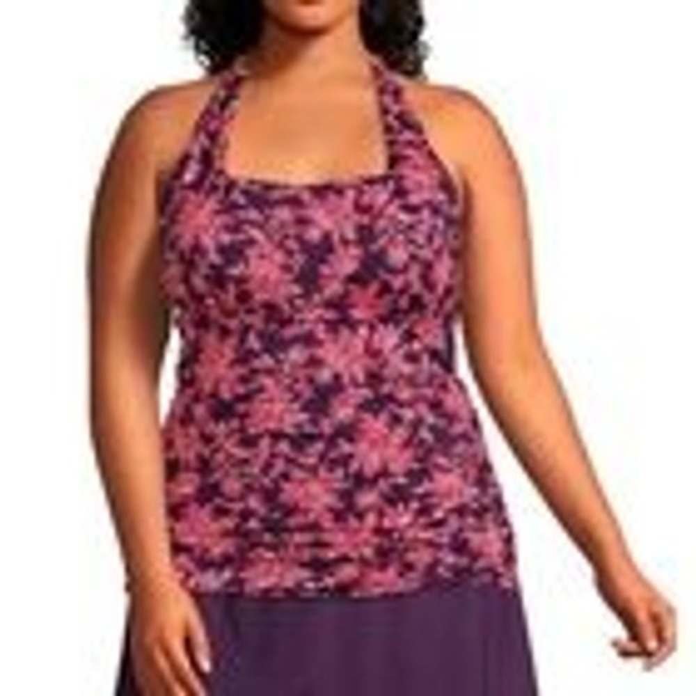 Lands End Tankini Swim Top Womens 10L Purple Pink Floral Ruched Halter Bra Cup